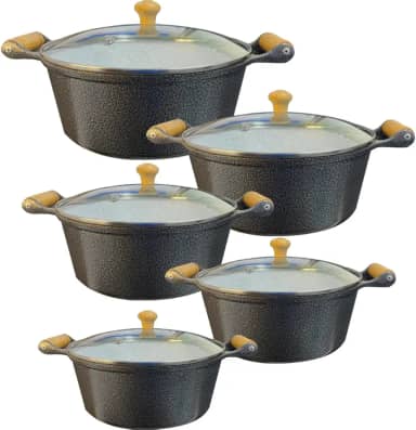 Jogo 5 Panelas Cerâmica Antiaderente Aluminio Fundido Com Cabo de Madeira Tampas Em Vidro Temperado