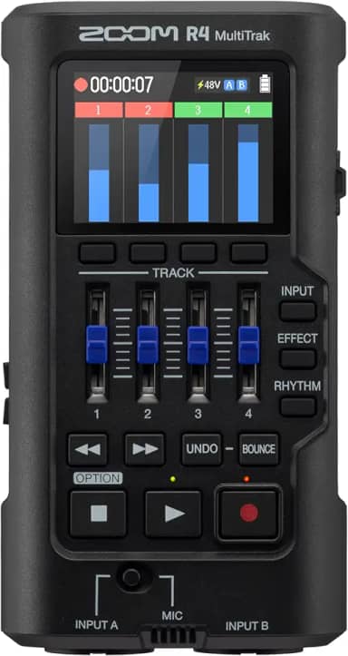 Zoom Gravador flutuante R4 MultiTrak de 32 bits com bounce estéreo, 2 entradas XLR/Comboio, Microfone embutido, efeitos, ritmos, alimentado por bateria, interface de áudio para músicos, compositores e artistas