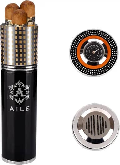AILE Umidor de charuto para viagem, estojo de charuto, tubo para 3 a 4 charutos, estojo portátil para charutos, higrômetro de charuto, ótimo presente para o amante (preto)
