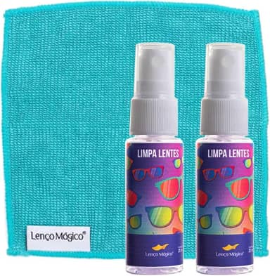 Kit c/ 2 Spray Limpa Lente ECo 20ml By Lenço Mágico e 1 Lenço Mágico Premium 15x15cm Original Limpa Óculos Celular Câmera Lentes Eletrônicos Maior Absorção Maciez Lavável - Cores e Embalagens Variadas