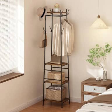 Mancebo Cabideiro em Metal de Piso Chão Roupas, Cabideiro de Chão Arara, Cabideiro Vertical para Quarto, 4 Camadas de Madeira Resistente e Vários Ganchos