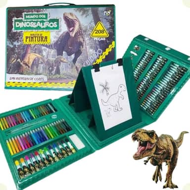 Maleta de Pintura Infantil Mundo dos Dinossauros, 208 Peças, Kit Artístico com Estojo Verde,