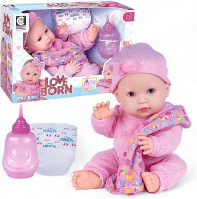 Boneca Reborn Love Born Faz Xixi com Mamadeira, Fralda e Mantinha – Olhos que Abrem e Fecham – Brinquedo Educativo Realista para Crianças