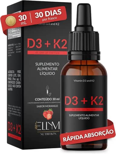 Vitamina D3 K2 em Gotas Sublingual 30mL ELLYM NUTRITION 2000 UI D3 + 120 mcg K2 Mk7 Sabor Morango Fortaleciomento Ósseo e Muscular