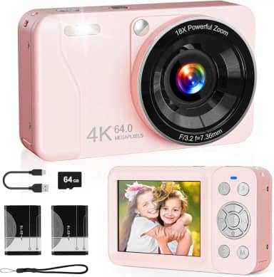 Câmera digital, câmera digital 4K 64MP, zoom 18x, aponte e atire com cartão TF de 64 GB e 2 baterias, câmera pequena portátil recarregável para crianças, adolescentes e adultos, rosa