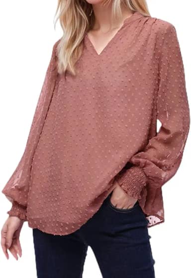 Blusa feminina de chiffon de manga comprida casual gola V mangas de malha de pontos suíços blusas soltas