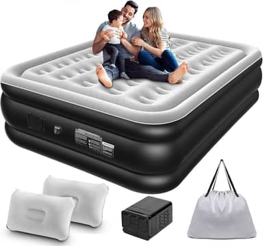 Colchão Inflável Queen Size 205 * 155CM com Bomba de ar Elétrica Recarregável Embutida, Inflação e Deflação Rápidas e Automáticas, para Viagens e Acampamentos (Preto e Branco)