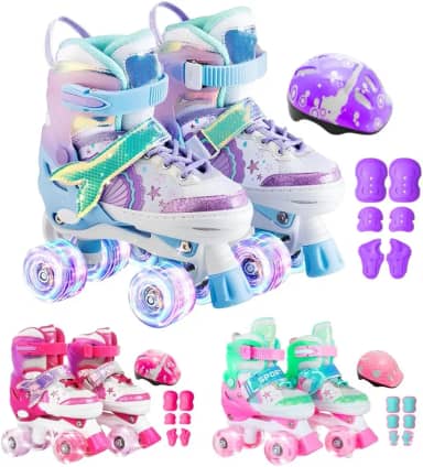Patins Infantil Led Ajustável 4 Rodas Rodinha E Kit Proteção