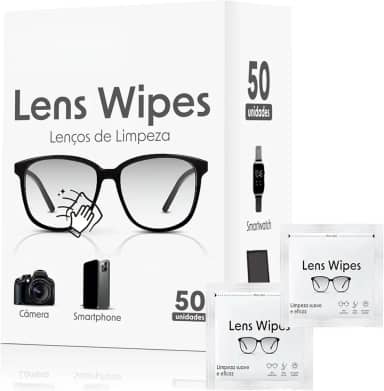 Lenços Umedecidos para Limpeza de Lentes, Óculos, Câmeras Smartphone Smartwach, Lens Wipe 50 Unidades Embaladas Indivualmente Sem Álcool