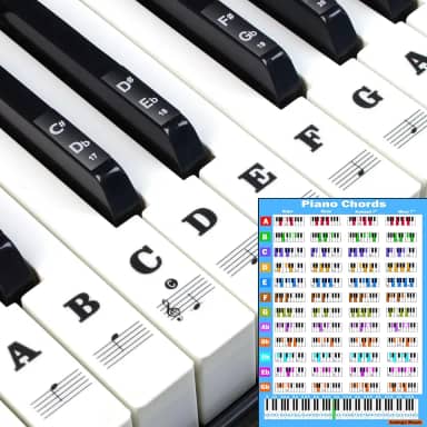 Adesivos de teclado de piano com tabela de acordes de piano, para teclas 88/61/54/49, etiquetas de letras para iniciantes e crianças pequenas, guias de notas de piano, adesivos de chave de