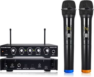Sound Town Sistema de mixer de Karaokê com microfone sem fio de 16 canais com microfones ópticos (Toslink), AUX e 2 portáteis - Suporta Smart TV, Home Theater, barra de som (SWM16-PRO)