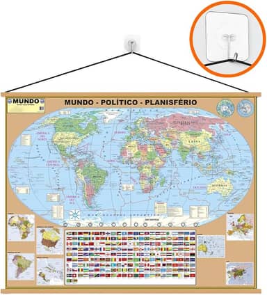 Mapa Mundi Banner + Gancho Autocolante - Moldura Laminado Grande- Atualizado- Pronto para pendurar