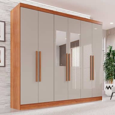 Guarda-roupa Casal com Espelho 6 Portas 2 Gavetas França Cinamomo/Off-White