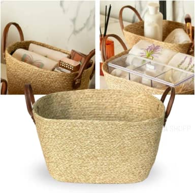 Cesta Organizadora de Palha com Alça de Couro – Cesto Decorativo Multiuso para Organização de Casa, Sala, Banheiro e Quarto