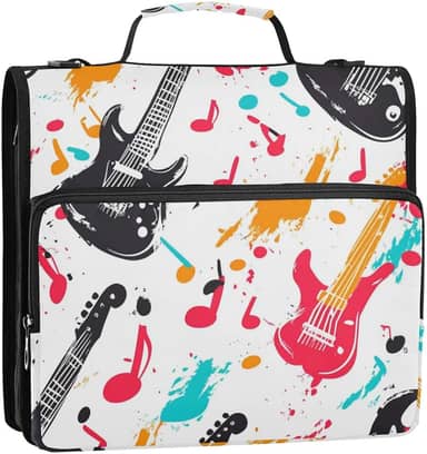 Fichário retrô musical branco rock branco, 3 anéis, resistente, com alça e alça de ombro removível, portfólio portátil para ensino médio Carpeta de cremallera
