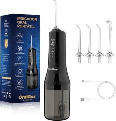 Irrigador Dental Portatil 300ML, 4 Modos de Jato, 4 Bicos, Limpeza Profunda dos Dentes e Gengivas, Elétrico, Recarregável, À Prova d’Água IPX7 (Preto)