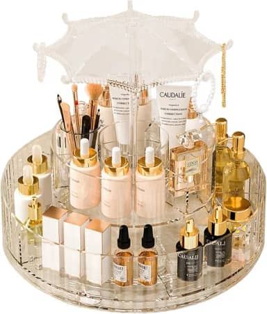 ZPSHYD 360 Rotating Organizador Maquiagem Clear Acrylic Lazy Susan - With Acrylic Umbrella for Hanging Jewelry, Spinning Turntable Storage for Skincare, Perfume & Lipstick, Ideal for Vanities