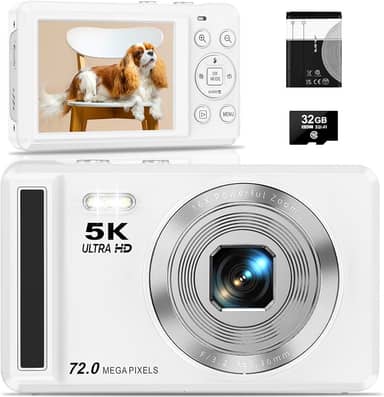 Câmera Digital 5K 72MP,Fotográfica para Vlog, Foco Automático,Zoom Digital 16x,Tela IPS de 2.8 Polegadas para fotografia, Flash, Cartão SD de 32GB, Câmera Compacta, Ideal para Iniciantes, Branco