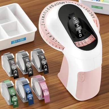 Máquina de etiquetas em relevo com fitas, 3D Classic Embosser, E975 Vintage Nostalgia Impressora Manual com 6 rolos de etiquetas de 9 mm x 3 m para casa, escritório e artesanato DIY, branco e rosa