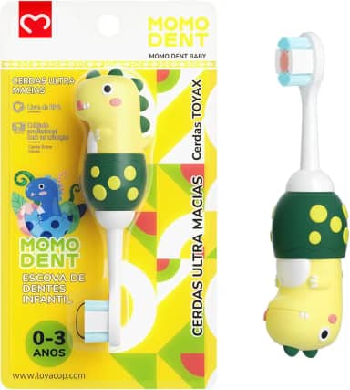 MOMODENT Escova de Dentes Infantil para 0-3 Anos, Bebe 1 Unidade, Dinossauro, Cabo de Silicone Macio, Cabeça Macia, Limpeza Suave