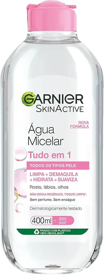 Garnier SkinActive Água Micelar de Limpeza Tudo em 1, Solução Demaquilante que Limpa, Tonifica e Remove Oleosidade, Fórmula Suave Sem Álcool para Todos os Tipos de Pele, 400ml