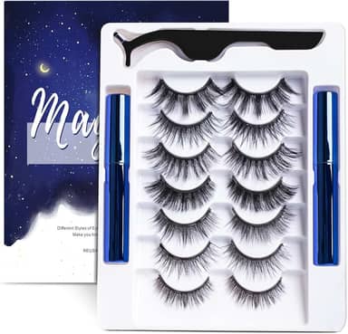 Kit de cílios magnéticos, 7 pares de cílios magnéticos de aparência natural 3D reutilizáveis com delineador e pinça, sem necessidade de cola, fácil de aplicar, cílios postiços leves e impermeáveis (7