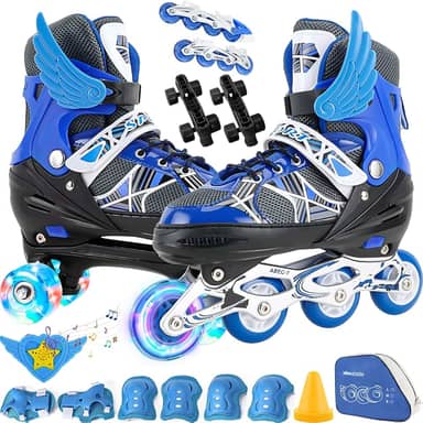 2 Em1 Patins Infantil Ajustável, Patins 4 Rodas, Patins Quad, Patins Infantil Menina, Ajustável com Bolsa e Kit Proteção, Para meninas, meninos e iniciante (Azul ）P (28-32))