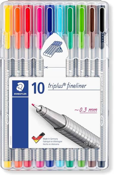 STAEDTLER Caneta Ponta Fina Triplus Fineliner 0.3mm STAEDTLER Box 10 Cores Sortidas - 334 SB10 - Corpo Ergonômico Triangular – Ideal para Escrita e Bullet Journal