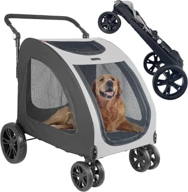 Carrinho de passeio dobrável para cães grandes de até 50 kg, carrinho universal para cães únicos ou vários cães médios e grandes (cinza)