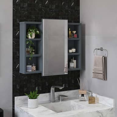 Espelheira Para Banheiro Com Nichos Armário Aéreo Com Espelho Organizador (Cinza)