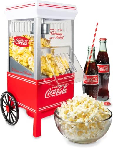 Nostalgia Máquina de fazer pipoca vintage Coca-Cola de ar quente – Faz até 12 xícaras – Sem óleo – Pipoca mais saudável – Carrinho clássico de pé com rodas – Inclui copo medidor – Branco e vermelho