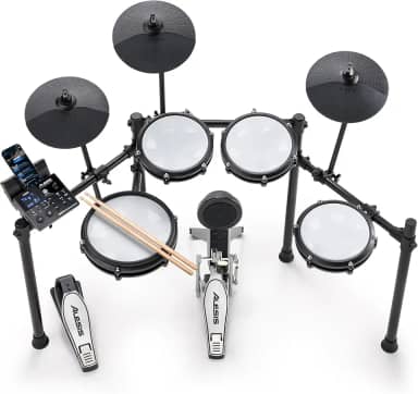 Alesis Nitro Max Kit Bateria eletrónica com remendos silenciosos de malha, caixa de zona dupla de 10', Bluetooth, 440 sons autênticos, aulas Drumeo, USB MIDI, pedal de bombo