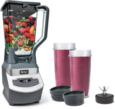 Liquidificador Ninja BL660 Profissional compacto, processamento de alimentos e vitaminas, 1.100 W, 3 funções, jarra de 2 L, 2 copos de 473 ml com tampas de bico para viagem, cinza