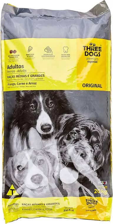 A Ração Three Dogs Original Frango, Carne e Arroz para Cães Adultos Raças Médias e Grandes Biofresh Para Todas Médio Adulto, Sabor Frango 20kg