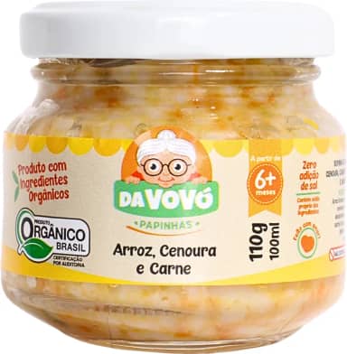 Da Vovó, Papinha Infantil, Linha +6, Orgânica, Sabor Arroz, Cenoura e Carne, 100ml