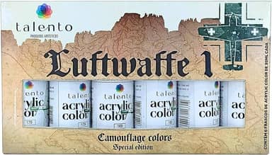Tinta Acrílica para Modelismo Talento, Conjunto Luftwaffe com 6 Cores de 30ml, Compatível com Pincel e Aerografia