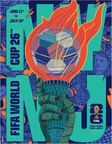 Ímã de pôster da Copa do Mundo FIFA de Nova YorkHost City – Ímã oficialmente licenciado da Copa do Mundo da FIFA – Design vibrante de torneio – Fixação forte durável – Perfeito para geladeiras