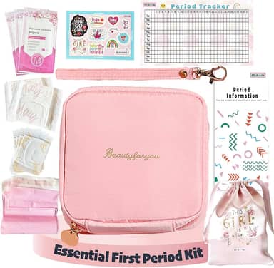 Kit de período essencial para meninas | Kit MultipieYo para o primeiro período para meninas | Bolsas de período para meninas adolescentes | Presente de primeiro período com bolsa de armazenamento de