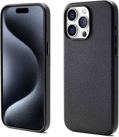 Capinha Premium de Couro Anti Impacto – Compatível com Modelos de iPhone (Carregamento Sem Fio Magnético)，À Prova d’Água e Poeira, Botões de Metal e Proteção da Câmera (preto, iPhone 14 Pro)