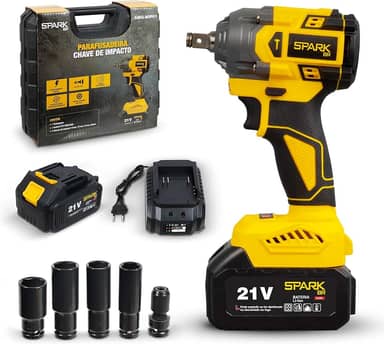 Chave Impacto Spark BR 21V Brushless Portátil Torque 350Nm 2 Velocidades LED Indicador Carga Bateria 3000mAh Maleta Carregador Rápido 4 Soquetes