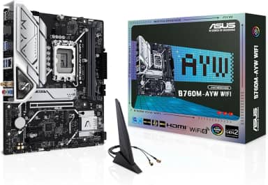ASUS B760M-AYW WiFi, uma placa-mãe Intel® B760 LGA 1700 mATX com PCIe 4.0, dois slots PCIe 4.0 M.2, DDR5, Realtek 2.5Gb Ethernet, WiFi 6, HDMI™, SATA 6 Gbps, USB frontal 3.2 Gen 1, Aura Sync