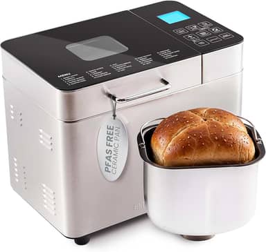 Elite Gourmet EBM8224MM Máquina de fazer pão programável de 900 g, panela de cerâmica Ceralast sem PFAS, painel de controle de tela sensível ao toque, 19 funções, sem glúten, branco, trigo, centeio e
