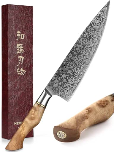 HEZHEN Faca de chef profissional de aço damasco 21 cm, faca de cozinha VG10 Gyuto da série Master ferramenta de cozinha em casa, cabo de madeira de sicômoro com figura de restaurante