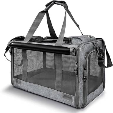 Bolsa Transporte Pet para Avião Cabine Viagem Ventilação Cães e Gatos Reforçada até 9kg Tela Arejada Alça e Tapete Removível (Cinza)