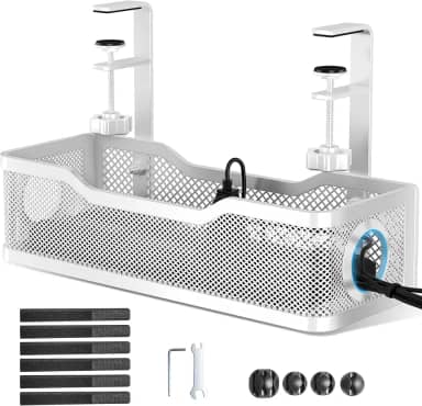 Bandeja de gerenciamento de cabos sob a mesa, caixa de gerenciamento de cabos sem broca com braçadeira para organização de fios, organizador de cabos para escritório, casa - sem danos à mesa (branco)