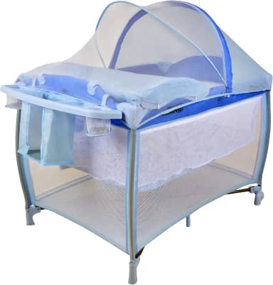 Berço Portatil Cercado Burigotto New Aconchego com Trocador e Mosquiteiro Blue Azul