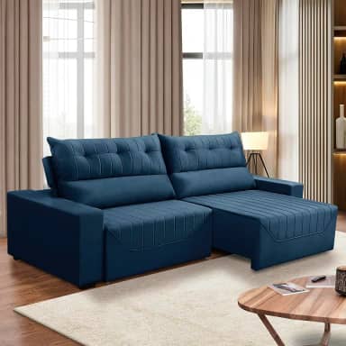 Sofá Retrátil e Reclinável 5 Lugares 3,00m Antonella Veludo Azul Adonai Estofados