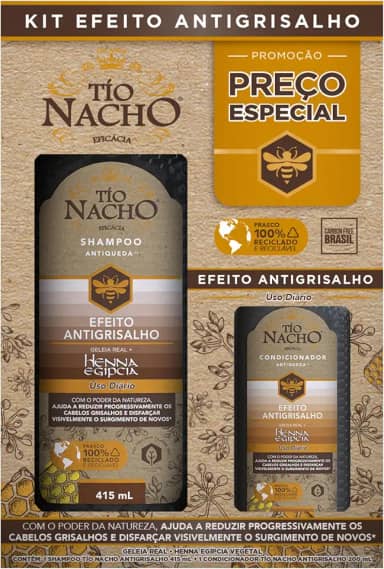 Tio Nacho Kit Antigrisalho Shampoo 415 mL + Condicionador 200 mL – Com Geleia Real e Henna Vegetal – Reduz Progressivamente os Cabelos Grisalhos e Fortalece para Fios Mais Jovens e Brilhantes