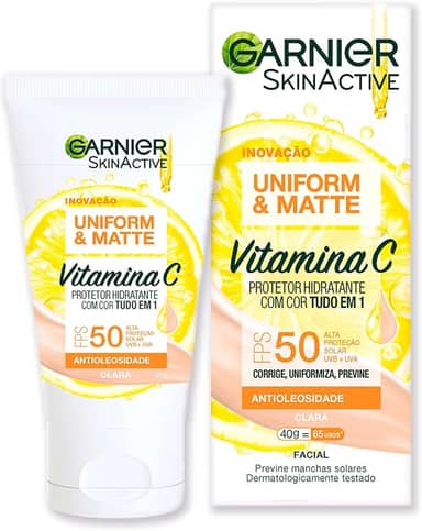 Garnier Protetor Solar Hidratante Efeito Matte FPS50 Uniform & Matte, Antioleosidade com Vitamina C, 40g, Cor Clara