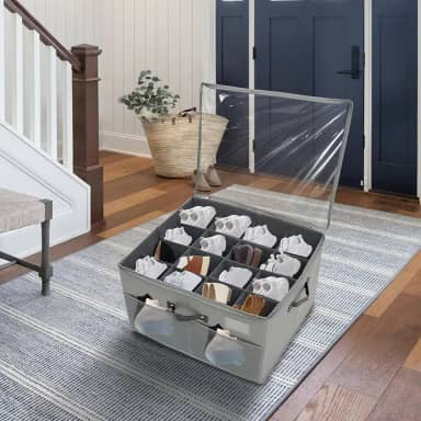 16 pares de caixa de armazenamento de sapatos com divisória para organizador de sapatos à prova de poeira, caixa de armazenamento de sapatos com tampa transparente e alça ajustável recipiente de